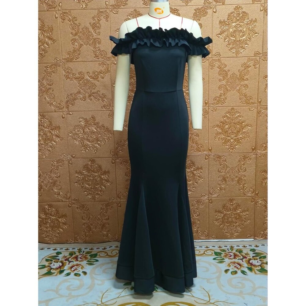 Women's Black Cololura Sexy Floor-Length Off Shoulder Ruffles Stringy Selvedge - Picture 7 of 8